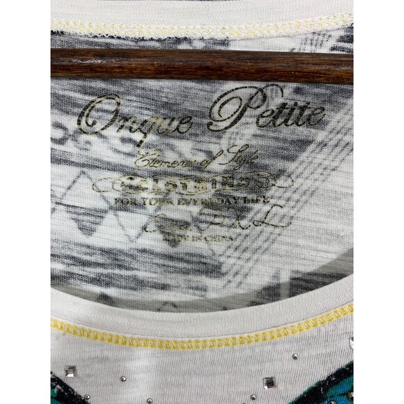 ONQUE PETITE PXL Beaded Butterfly Geometric Designs Short Sleeve Blouse Top - Picture 9 of 10